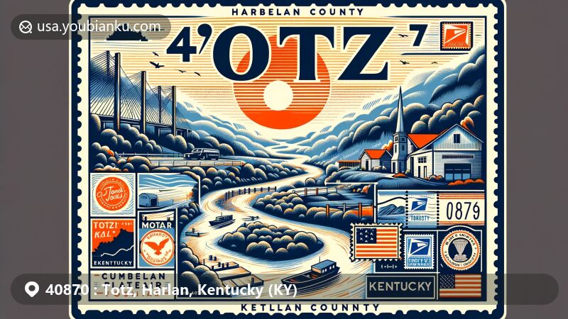 Modern illustration of Totz, Harlan County, Kentucky, showcasing postal theme with ZIP code 40870, featuring Cumberland Plateau region and Kentucky state symbols.