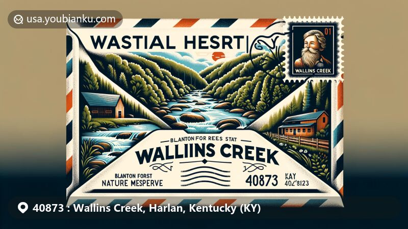 Modern illustration of Wallins Creek, Harlan County, Kentucky, representing ZIP code 40873, featuring Blanton Forest State Nature Preserve and postal heritage with vintage air mail envelope and postal stamp.