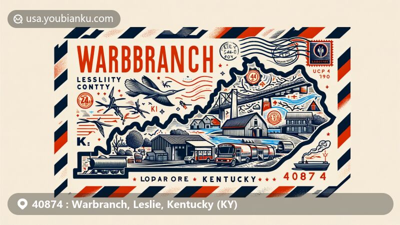 Modern illustration of Warbranch, Leslie County, Kentucky, embodying local charm with ZIP code 40874, featuring rural and unincorporated elements, a postcard motif with postmark, and Kentucky state flag.
