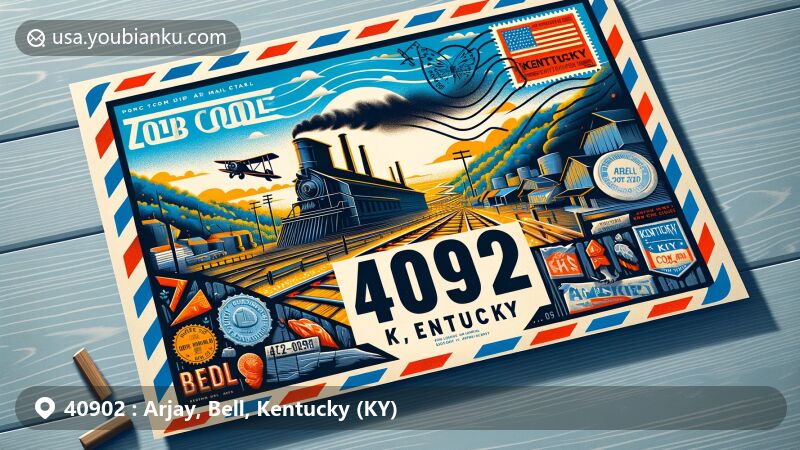 Modern illustration of Arjay, Bell, Kentucky, featuring ZIP code 40902, blending coal mining heritage with postal elements, vintage air mail envelope, postage stamps, 'Arjay, KY 40902' postmark, iconic coal mining imagery, Kentucky state flag, and scenic Kentucky hills.