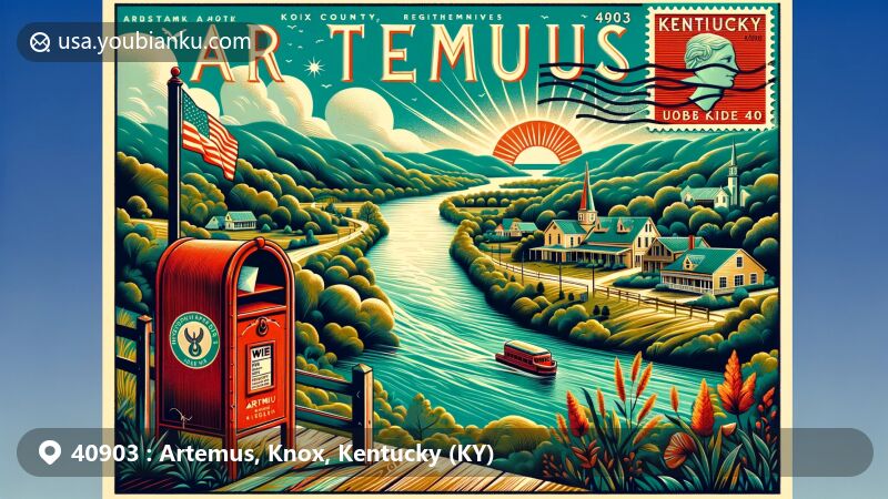 Modern illustration of Artemus, Knox County, Kentucky, showcasing postal theme with ZIP code 40903, featuring the Cumberland River and Kentucky state symbols.