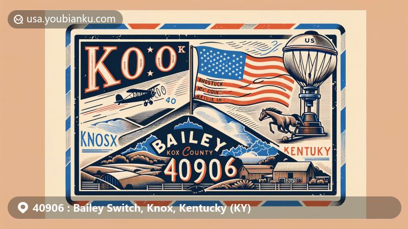 Modern illustration of Bailey Switch, Knox County, Kentucky, featuring vintage air mail envelope with ZIP code 40906, Kentucky state flag, and rural landscape motifs.
