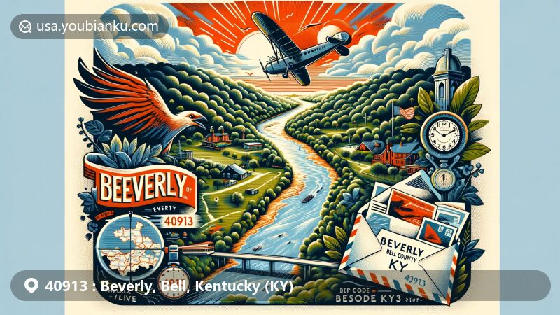 Modern illustration of Beverly, Bell County, Kentucky, showcasing postal theme with ZIP code 40913, featuring Red Bird River and tributaries Big Creek and Sugar Creek.