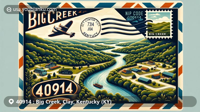 Modern illustration of Big Creek, Clay County, Kentucky, featuring ZIP code 40914 and postal elements against the backdrop of the Cumberland Plateau Region's natural landscapes.