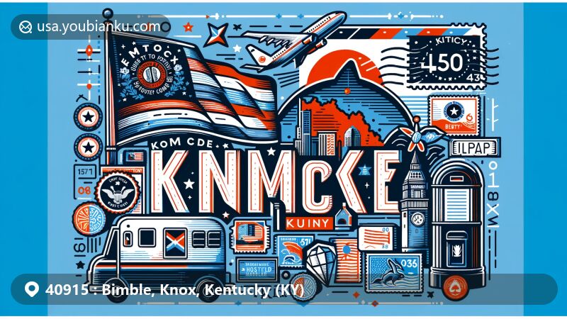 Modern illustration of Bimble, Knox County, Kentucky, showcasing postal theme with ZIP code 40915, featuring Kentucky state flag, Knox County outline, vintage postcard style, air mail elements, postmark, and postal symbols.