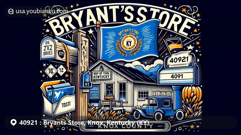 Modern illustration of Bryants Store, Kentucky, highlighting postal theme with ZIP code 40921, featuring Kentucky state flag, Knox County outline, and symbols of Bryants Store community.
