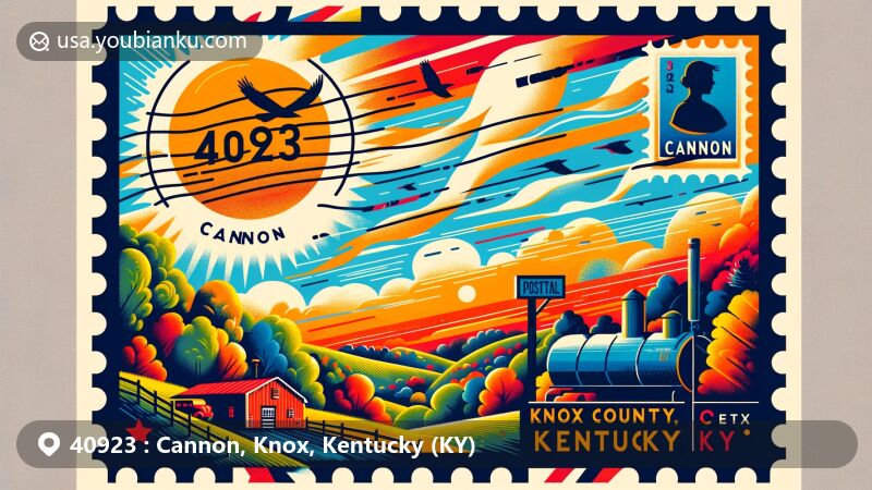 Modern illustration of Cannon, Knox County, Kentucky, showcasing postal theme with ZIP code 40923, featuring Appalachian landscape, local wildlife, and vibrant colors.