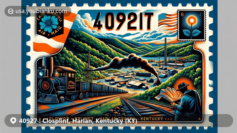 Modern illustration of Closplint, Harlan County, Kentucky, highlighting postal theme with ZIP code 40927, featuring vintage air mail envelope and coal mining heritage.