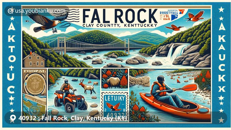 Modern illustration of Fall Rock, Clay County, Kentucky, with ZIP code 40932, showcasing Daniel Boone National Forest landscape, outdoor activities, wildlife like elk, and Kentucky state symbols.
