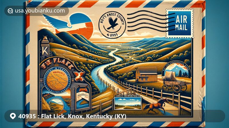 Creative illustration of Flat Lick, Knox County, Kentucky, representing ZIP code 40935 with a modern air mail envelope. Depicts historical routes like Warrior's Path, Boone Trace, Wilderness Road, and scenic Cumberland River.