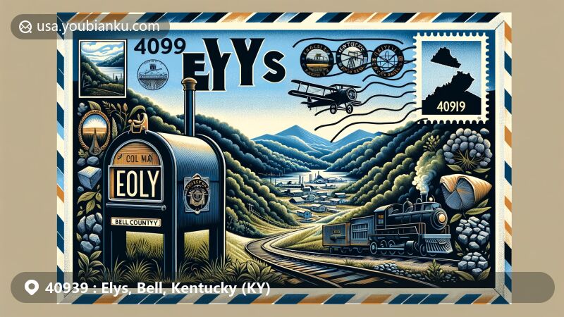Modern illustration of Elys, Bell County, Kentucky, showcasing postal theme with ZIP code 40939, featuring coal mining heritage and Appalachian mountains.