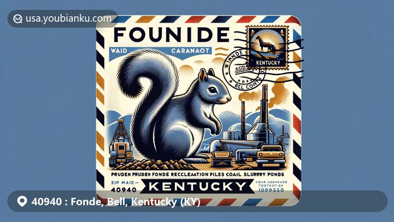 Modern illustration of Fonde, Bell County, Kentucky, inspired by vintage airmail envelope with Kentucky state flag, gray squirrel, and coal mining equipment, symbolizing local identity and history.