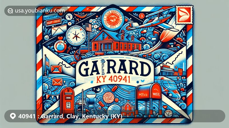 Creative illustration of Garrard, KY, featuring postal theme with ZIP code 40941, incorporating map outline of Garrard area, iconic landmarks like Manchester Historic District, and salt mining heritage.