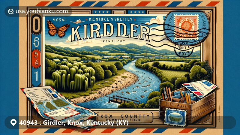 Modern illustration of Girdler, Knox County, Kentucky, blending natural scenery with postal theme, featuring Collins Creek, Bull Creek, and Hammond Fork, amid lush vegetation and rolling hills, with vintage postcard, air mail envelope, Kentucky symbols, and willow trees, showcasing ZIP Code 40943.