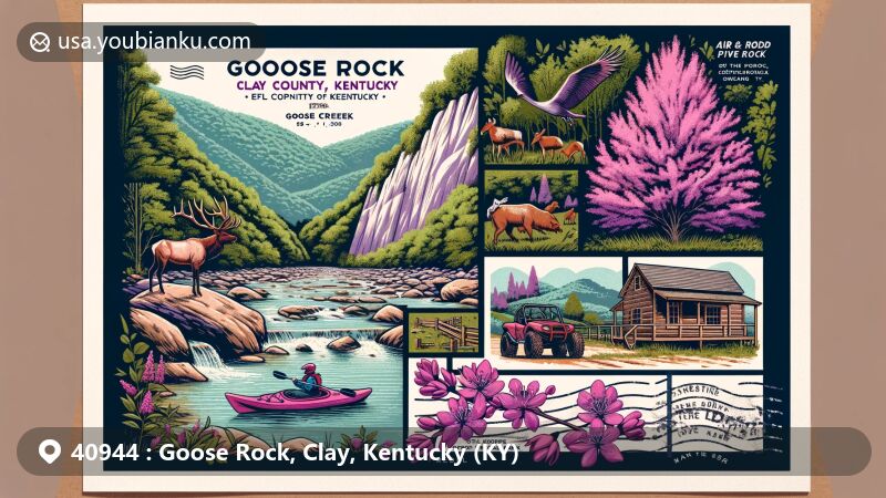 Modern illustration of Goose Rock, Clay County, Kentucky, showcasing vibrant postcard design with Appalachian mountains, local wildlife, off-road adventure, river scene, redbud tree blooms, and traditional Appalachian culture.