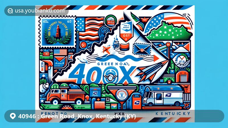 Modern illustration of Green Road, Knox County, Kentucky, highlighting KY state flag, Knox County map outline, and local landmarks. Includes postal features like stamp, postmark, ZIP code 40946, mailbox, and mail vehicle, creatively representing area's postal characteristics.