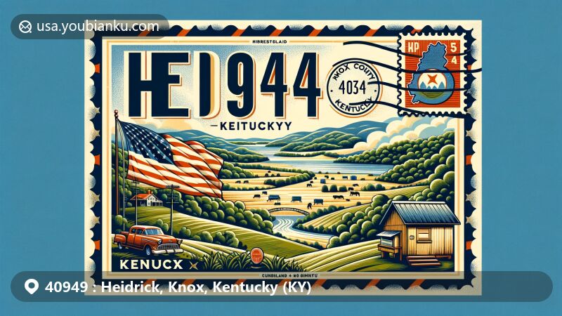 Modern illustration of Heidrick, Knox County, Kentucky, featuring ZIP code 40949, state flag, Knox County outline, and a vintage postal envelope with postal symbols, reflecting Kentucky's Cumberland Plateau region.