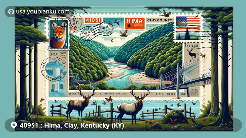 Modern illustration of Hickman area in Clay County, Kentucky, blending natural beauty with postal elements, featuring Daniel Boone National Forest, wildlife like whitetail deer and elk. Centered around a creative postcard capturing the scenic Horse Creek surrounded by lush forest and wildlife, decorated with stamps with ZIP code 40951 and symbols representing Kentucky.