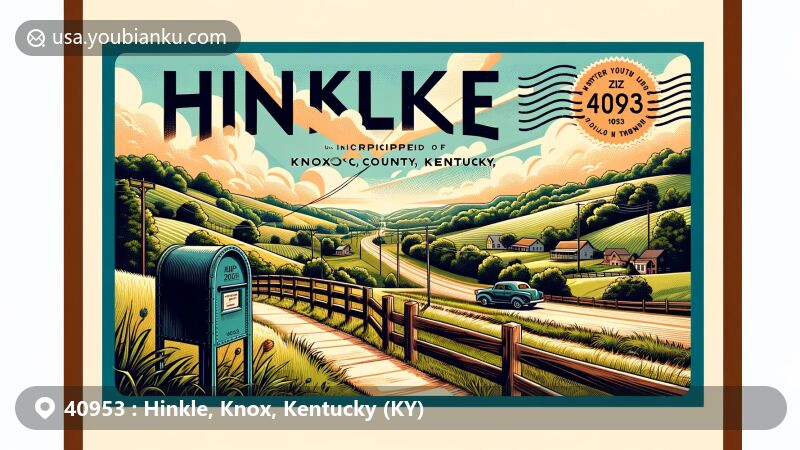 Modern illustration of Hinkle, Knox County, Kentucky, with serene rural landscape and vintage postal elements, showcasing ZIP code 40953 and classic postcard design.