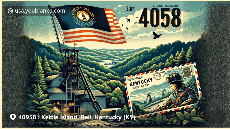 Modern illustration of Kettle Island, Bell County, Kentucky, featuring lush forests, rolling hills, and a coal mine entrance to commemorate the region's coal mining history. The image includes the Kentucky state flag, a vintage airmail envelope with ZIP code 40958, and a postcard depicting the scenic landscape of Kettle Island.