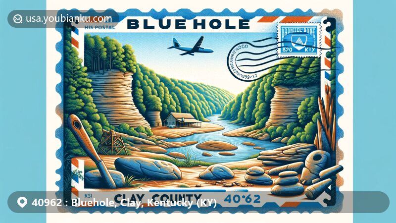 Modern illustration of Bluehole area, Clay County, Kentucky, incorporating Daniel Boone National Forest, ATV trails, camping sites, and river activities. Features geological formations, archaeological artifacts, and a postal theme with ZIP code 40962.