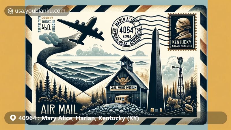 Illustration of Harlan County, Kentucky, featuring vintage air mail envelope with postal theme in ZIP code 40964 area, showcasing Kentucky Coal Mining Museum, obelisk-shaped coal monument, and Blanton Forest State Nature Preserve.