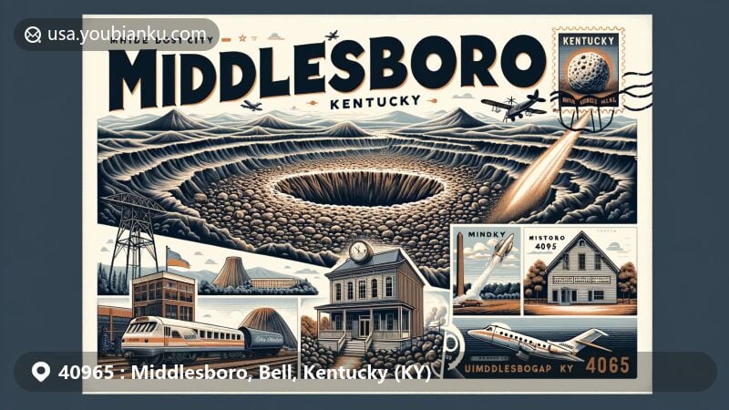 Modern illustration of Middlesboro, Bell County, Kentucky, showcasing unique geography in a meteorite impact crater with Pine Mountain and Cumberland Mountains, featuring Coal House and Cumberland Gap NHP, with Kentucky heritage elements and postal theme for ZIP code 40965.