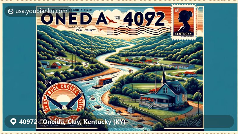 Modern illustration of Oneida, Clay County, Kentucky, showcasing ZIP code 40972, featuring the confluence of Goose Creek, Red Bird River, and Bullskin Creek forming South Fork of Kentucky River, including Oneida Baptist Institute.
