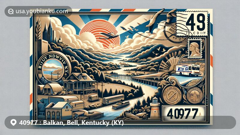 Modern illustration of Balkan and Pineville, Bell County, Kentucky, with ZIP code 40977, combining regional and postal elements in a postcard design.