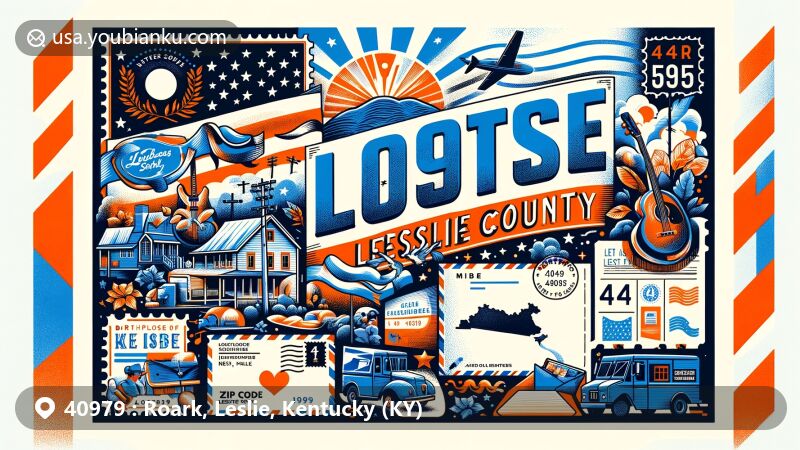 Modern illustration of Roark, Leslie County, Kentucky, featuring postal theme with ZIP code 40979, incorporating flag of Kentucky, Leslie County outline, and elements symbolizing bluegrass music.
