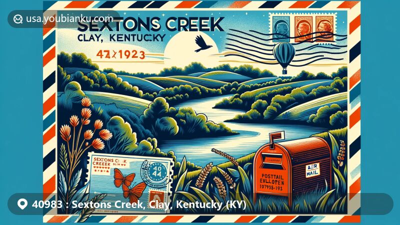Modern illustration of Sextons Creek, Clay County, Kentucky, blending regional and postal themes, with vintage postcard displaying ZIP code 40983 and location name, adorned with mailbox, stamps, and postmark, set against backdrop of Kentucky's natural scenery.