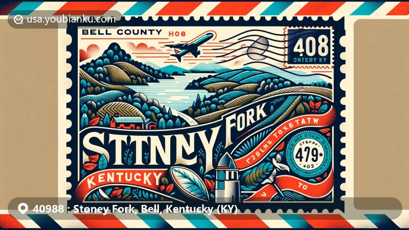 Artistic rendition of Stoney Fork, Bell County, Kentucky, highlighting ZIP code 40988 with a creative airmail envelope design integrating Bell County outline, showcasing scenic landscapes and postal elements.
