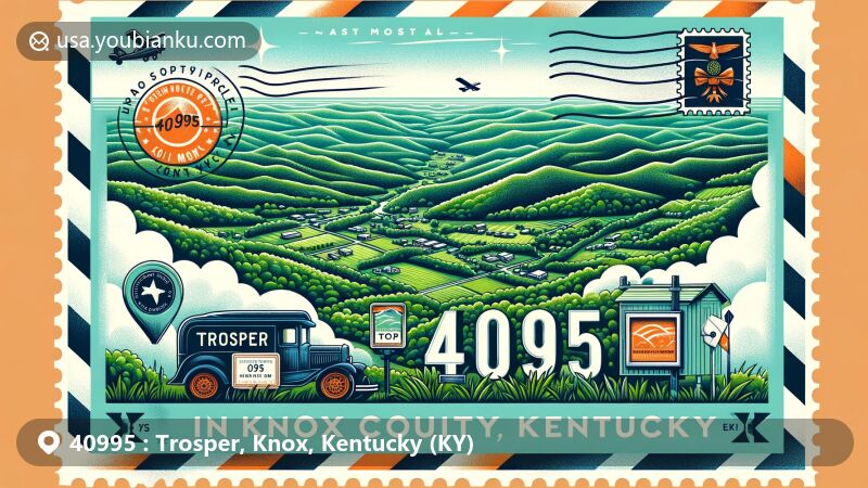 Vintage-style illustration of Trosper, Knox County, Kentucky, highlighting ZIP code 40995, coal town history, green landscapes, and postal theme.