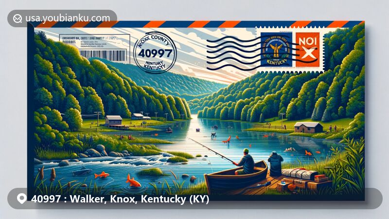 Captivating illustration of Walker, Knox, Kentucky's rural charm and outdoor activities, styled as an air mail envelope with tranquil lake scene, dense forests, wildlife, and Kentucky state flag, showcasing ZIP code 40997.