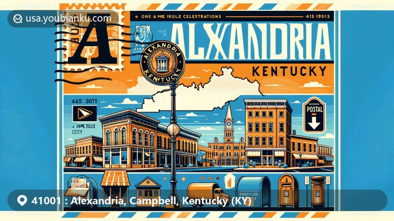 Modern illustration of Alexandria, Campbell County, Kentucky, spotlighting postal theme with ZIP code 41001, featuring historic downtown buildings and Kentucky mini-map.