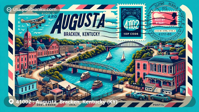 Modern illustration of Augusta, Bracken County, Kentucky, showcasing postal theme with ZIP code 41002, featuring Ohio River, historic Main Street, Rosemary Clooney House, Baker-Bird Winery, and Vineyard.