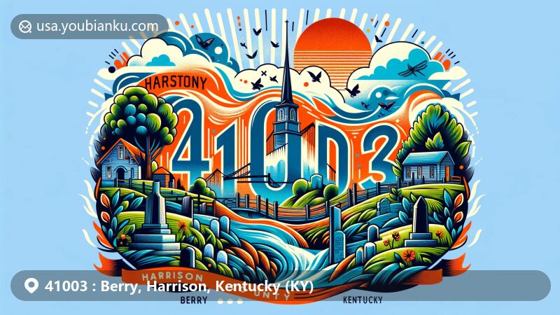 Modern illustration of Berry, Harrison County, Kentucky, fusing natural beauty with postal theme, featuring Pythian Grove Cemetery, South Fork of the Licking River, and ZIP code 41003.