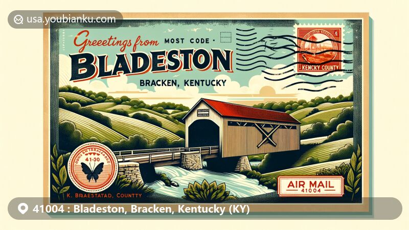 Modern illustration of Bladeston area, Bracken County, Kentucky, highlighting Walcott Covered Bridge and map outline, with Kentucky's natural beauty in the background and postal-themed elements like state flag, ZIP code 41004, and vintage air mail envelope.