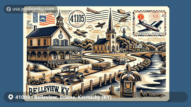 Modern illustration of Belleview, Boone County, Kentucky, depicting historical and geographical features with emphasis on Ohio River, showcasing Belleview Baptist Church and James Rogers House, a Queen Anne-style farmhouse, incorporating postal elements like Kentucky flag stamp, '41005 Belleview, KY' postmark on vintage airmail envelope design, and an old-fashioned mailbox.