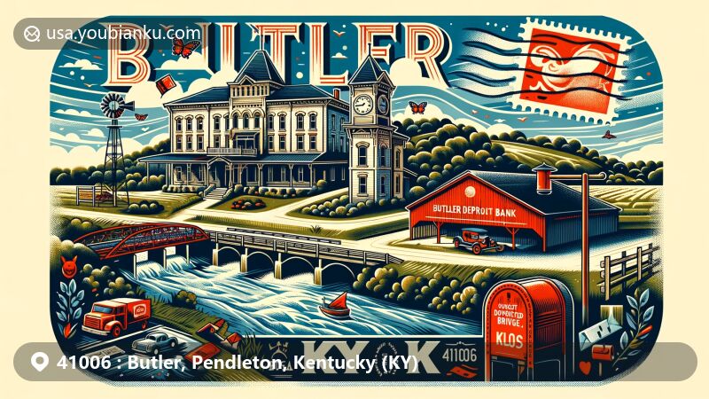 Modern illustration of Butler, Pendleton County, Kentucky, showcasing rural charm and historical significance with Licking River, Butler Deposit Bank, wooden covered bridge, postal theme, and ZIP code 41006.