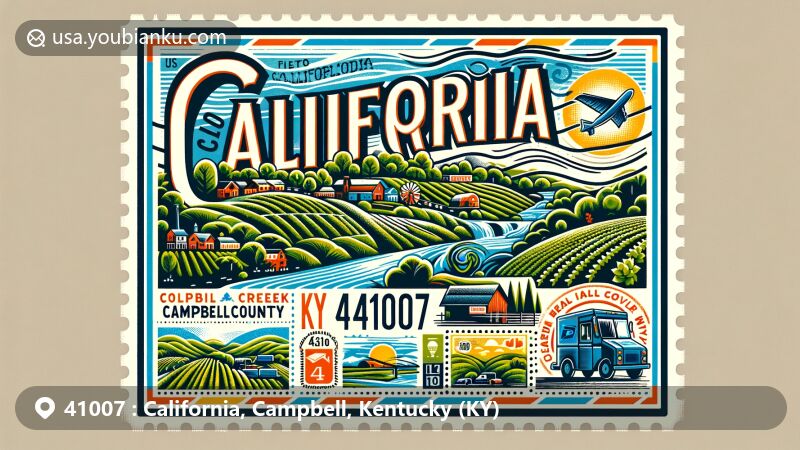 Modern illustration of California, Campbell County, Kentucky, with ZIP code 41007, featuring a stylized postcard or air mail envelope integrating key local symbols, Ohio River, vineyards, rolling hills, and postal elements.