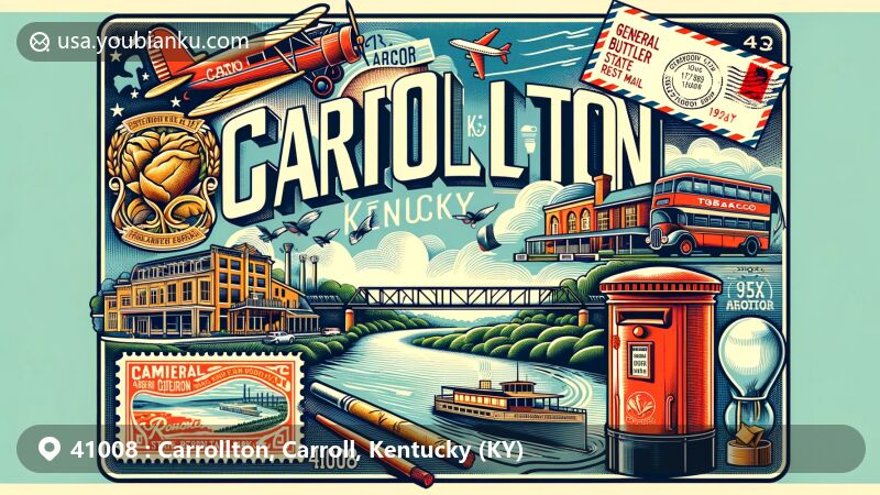 Modern illustration of Carrollton, Kentucky, featuring the Ohio River, General Butler State Resort Park, and vintage postal elements.