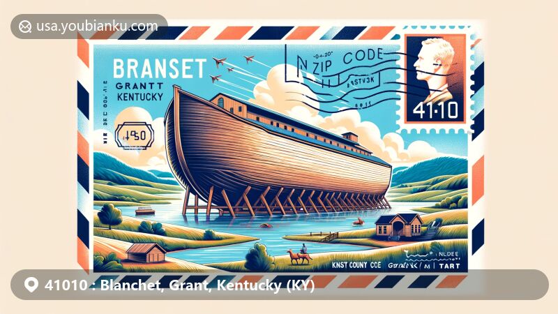 Contemporary illustration of Blanchet, Grant County, Kentucky, featuring Noah's Ark replica and picturesque landscape with rolling hills and serene lakes.