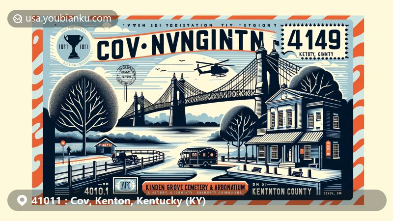Modern illustration of Covington, Kenton County, Kentucky, featuring the iconic John A. Roebling Suspension Bridge spanning the Ohio River, Linden Grove Cemetery & Arboretum's linden tree, and postal elements with ZIP code 41011.