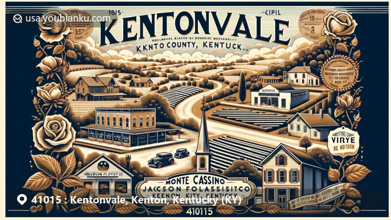Modern illustration of Kentonvale, Kenton County, Kentucky, featuring vintage postcard design with key landmarks like Jackson Florist and Monte Cassino, emphasizing historical significance and cultural impact.