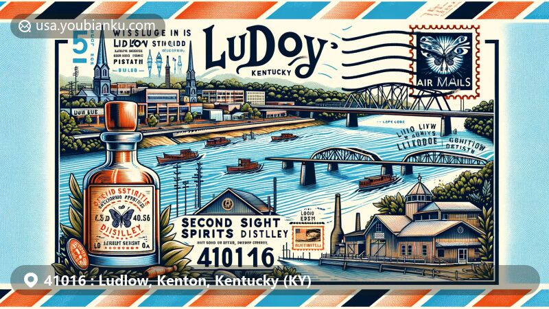 Creative illustration of Ludlow, Kenton County, Kentucky, featuring Second Sight Spirits distillery, Ludlow Lagoon, and picturesque Ohio River, in a modern postcard style with air mail theme and ZIP code 41016.