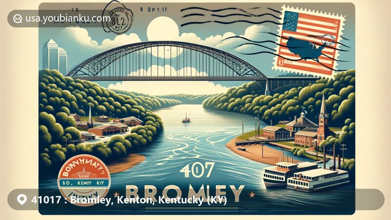 Modern illustration of Bromley, Kenton County, Kentucky, capturing the charm of small-town life and postal heritage with a vintage-style postal envelope featuring the Kentucky state flag and a postmark of 'Bromley, KY 41017'.