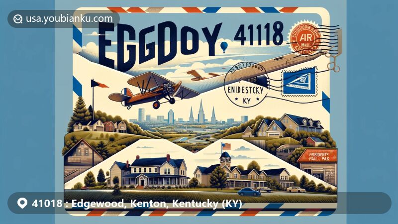 Modern illustration of Edgewood, Kentucky, emphasizing postal theme with ZIP code 41018, featuring Presidents Park, suburban setting, air mail envelope, and Kentucky state flag.
