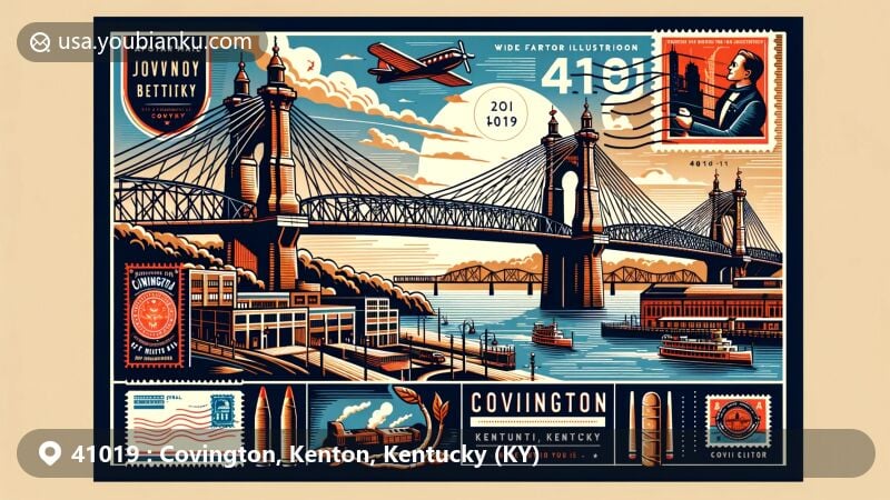 Modern illustration of Covington, Kentucky, showcasing the iconic John A. Roebling Suspension Bridge and the close connection between Covington and Cincinnati, incorporating historical and geographical elements in a creative postcard style with vintage stamps and postal theme.