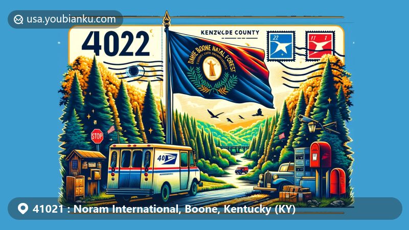 Modern illustration of Noram International, Boone County, Kentucky, capturing the essence of ZIP code 41021 with Daniel Boone National Forest scenery, Kentucky state flag, and postal elements.